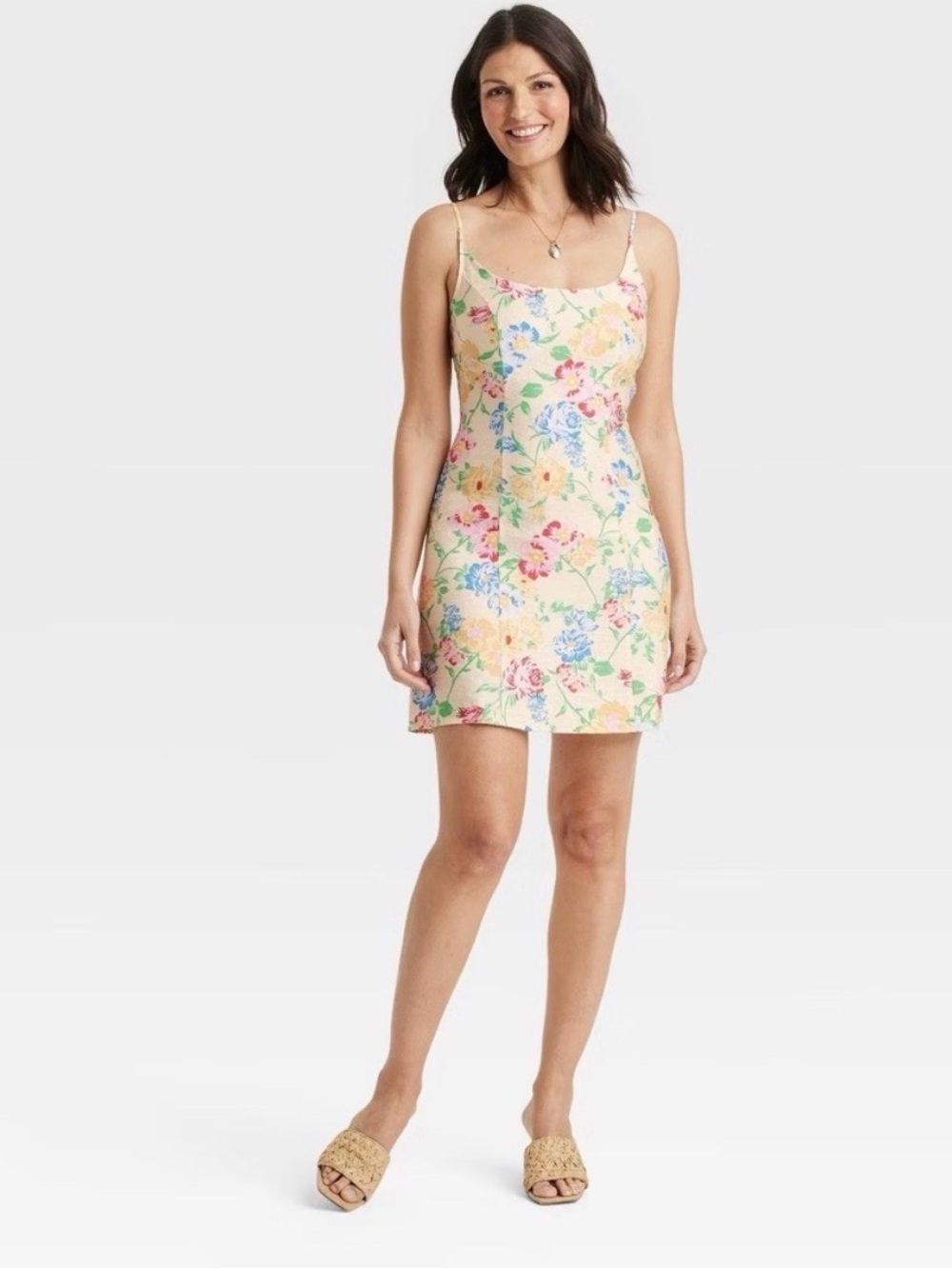 a new day Yellow Floral Mini Slip Dress with Blue & Pink Blooms